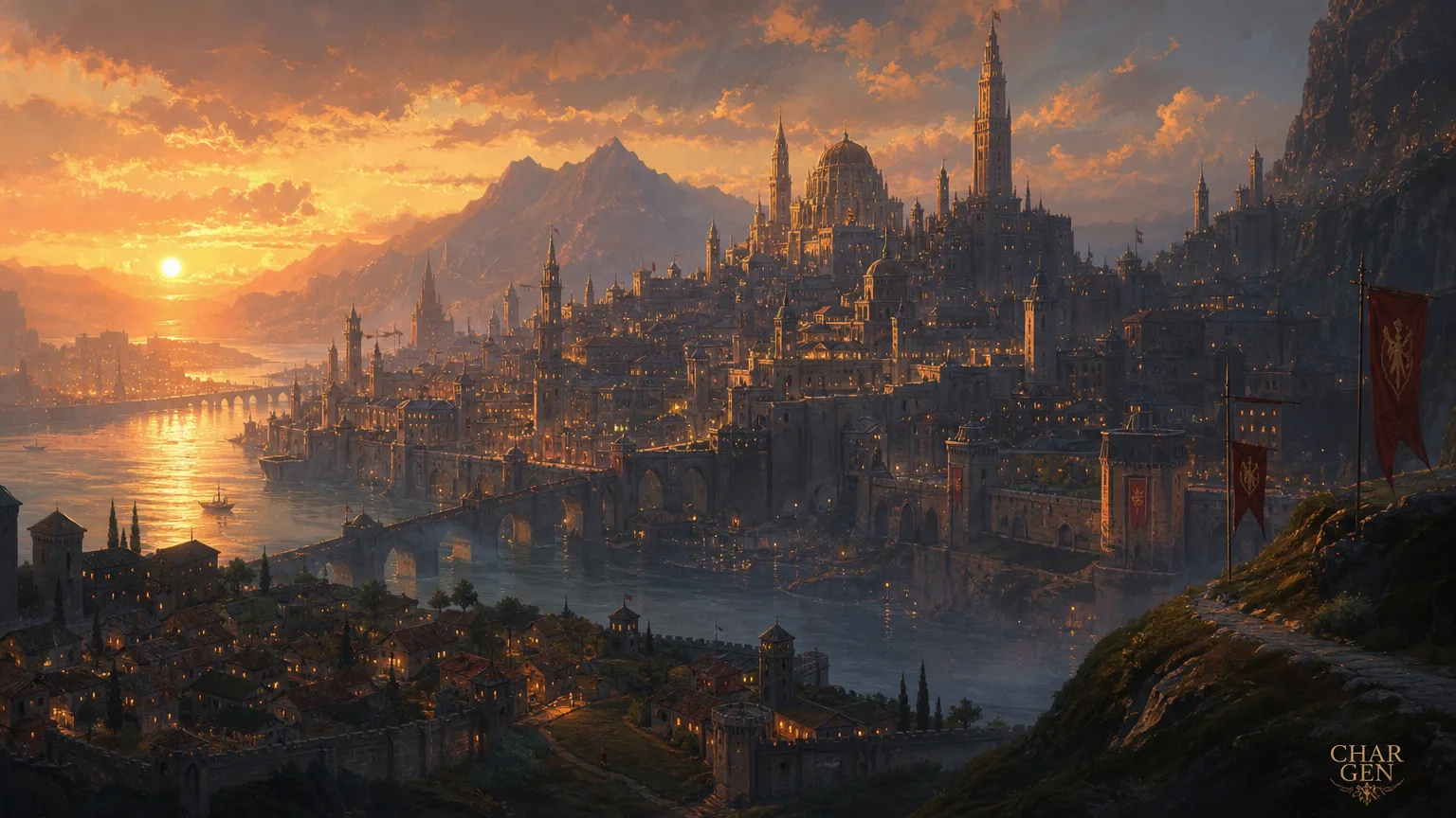 A vast fantasy metropolis at dusk with a tiny walled village in the foreground for scale