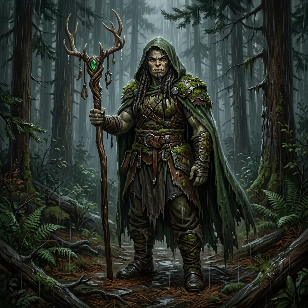 Hooded half-orc druid in a dark rainy forest holding an antlered staff, generated with Nano Banana 2