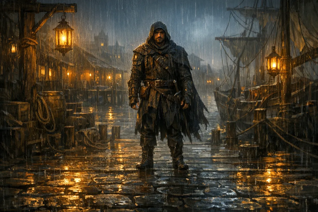 A lantern-lit dock scene framing the same NPC for a new moment