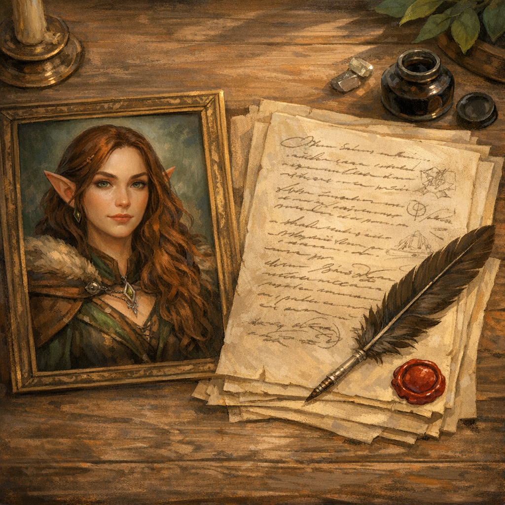 An NPC profile page with tidy notes and a consistent portrait beside it