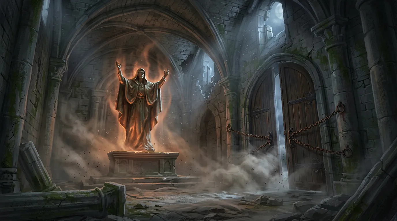 Ruined chapel hazard scene with a bronze idol, ash-filled air, and chains pulling shut heavy doors