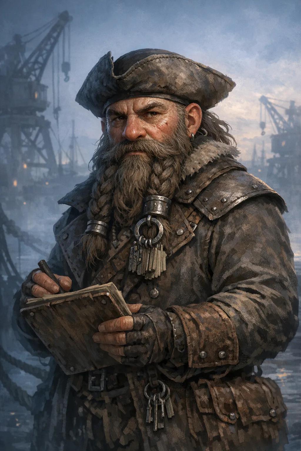 Fantasy dock quartermaster NPC portrait used as a campaign-ready character reference