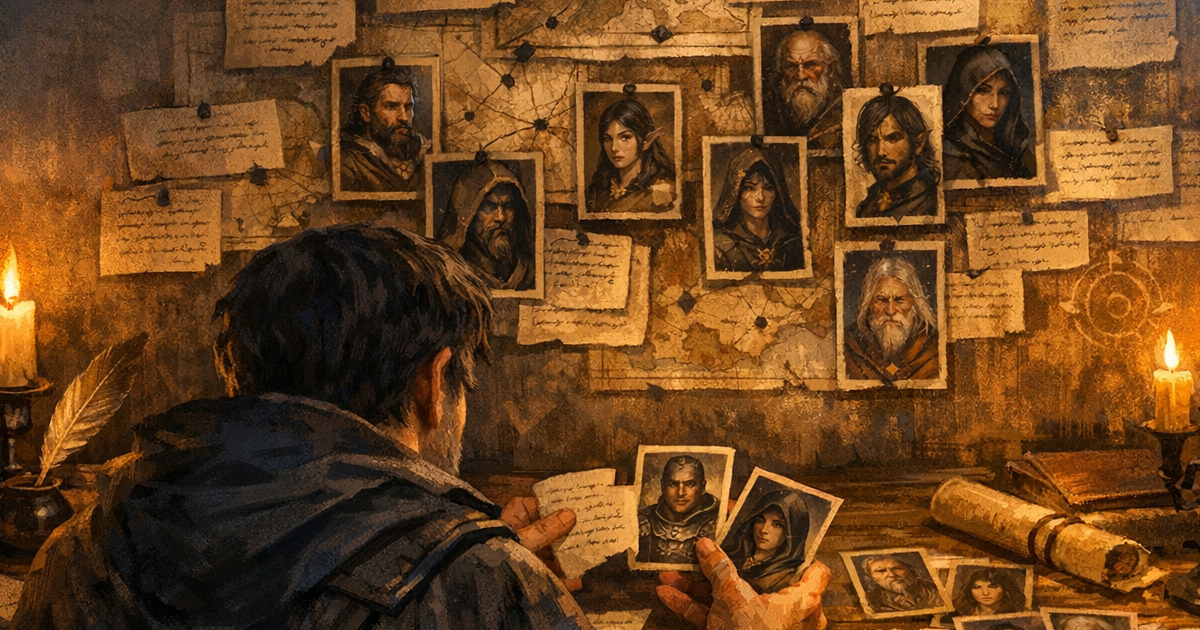 Dungeon Master sorting NPC portrait cards and prep notes for a fast campaign session setup