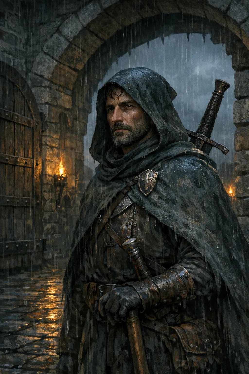 Road warden NPC portrait at a fortified gate during rain, suitable for recurring campaign scenes