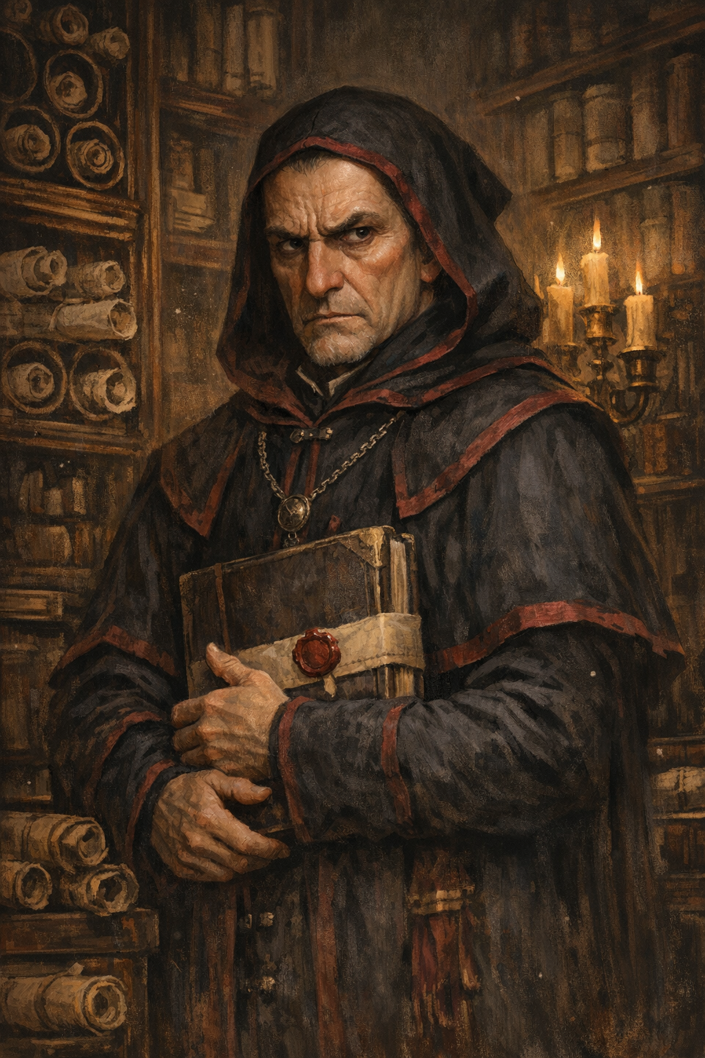 Temple bursar NPC portrait with guarded expression for social encounter continuity