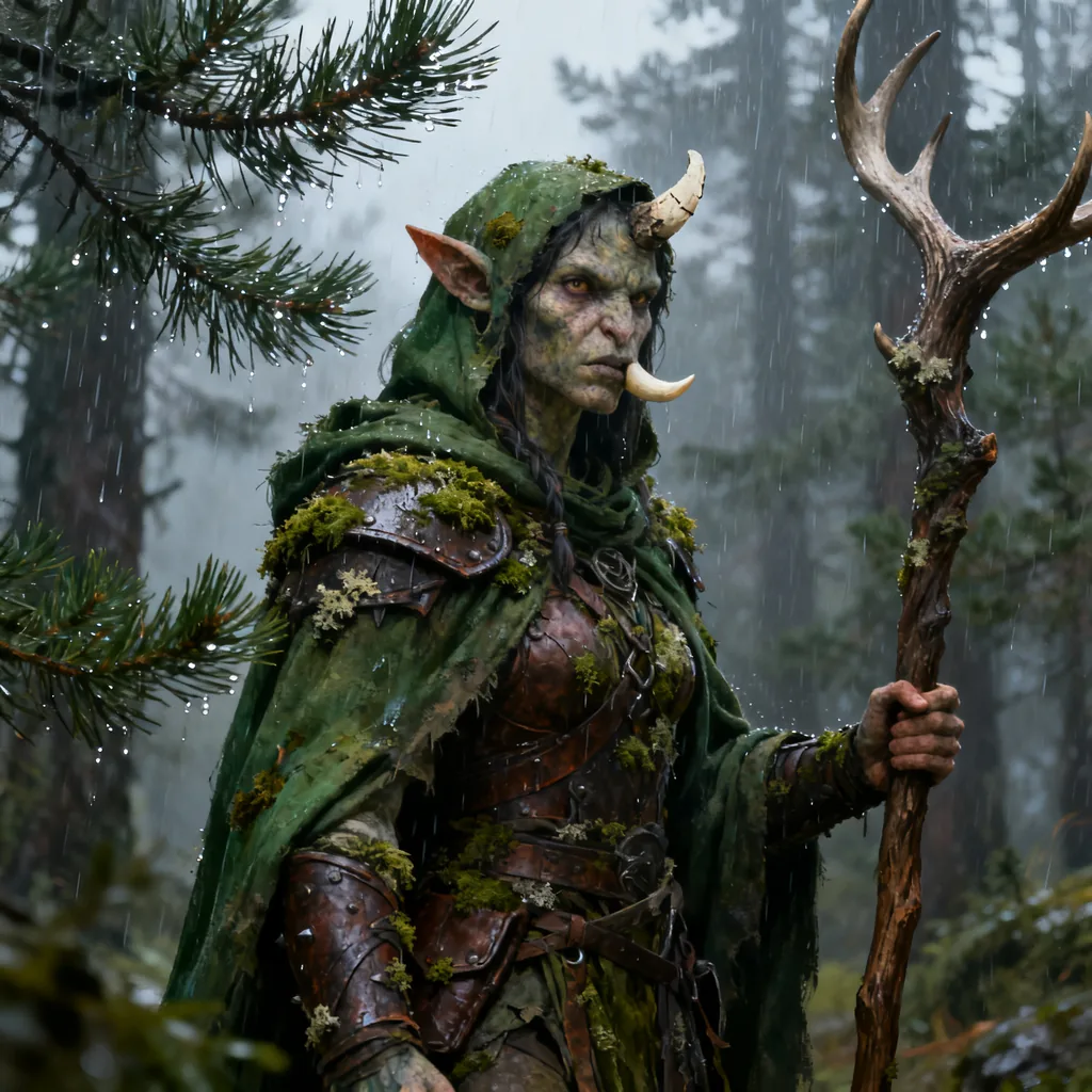 Close-up of a half-orc druid in heavy rain with moss-covered armour, generated with Seedream 4.0