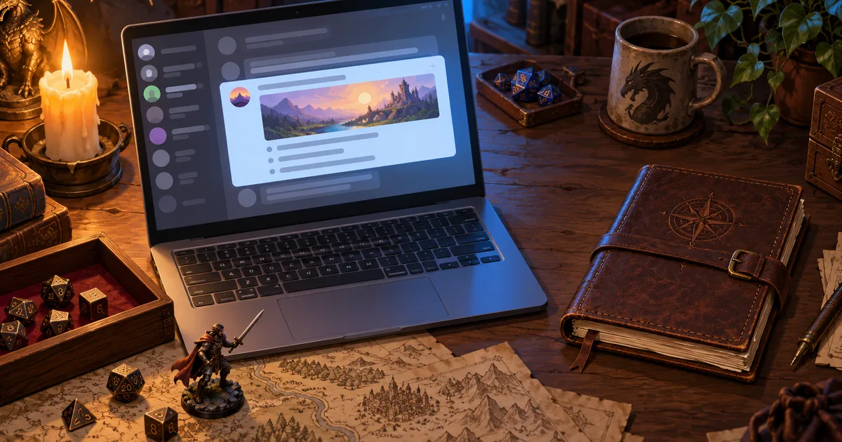 A game master reviews a D&D session recap on a laptop beside dice and a closed notebook
