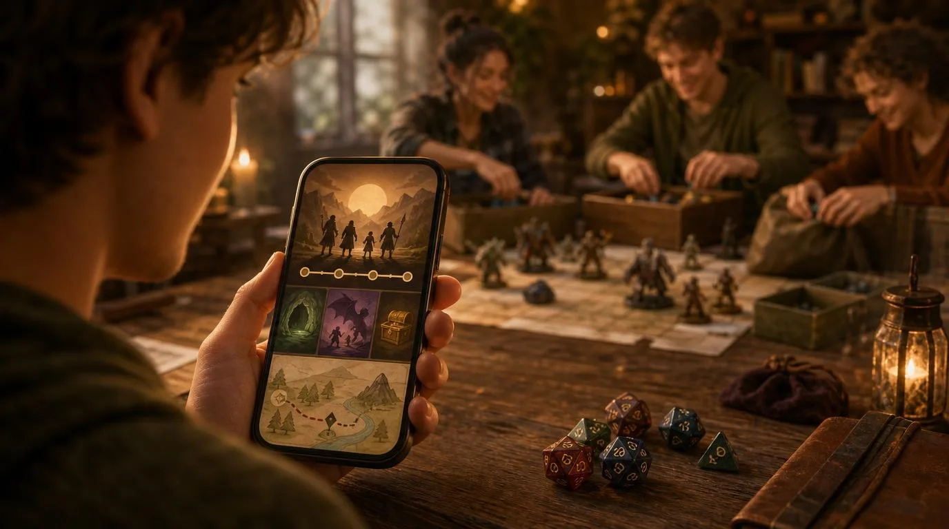 A player catches up on a D&D session recap from a phone after missing the game