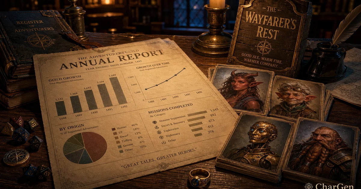 A Dungeon Master's night table covered in charts, varied fantasy NPC portraits, a tavern sign and dice for the State of AI-Assisted TTRPG Creation 2026 report