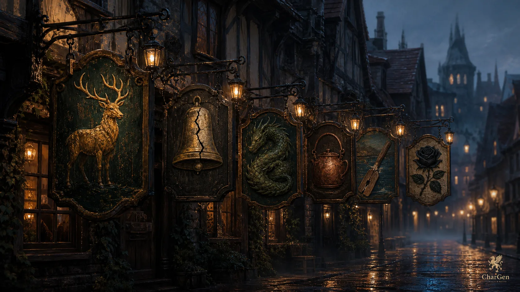 A misty fantasy street at dusk lined with six carved and painted hanging tavern signboards lit by iron lanterns