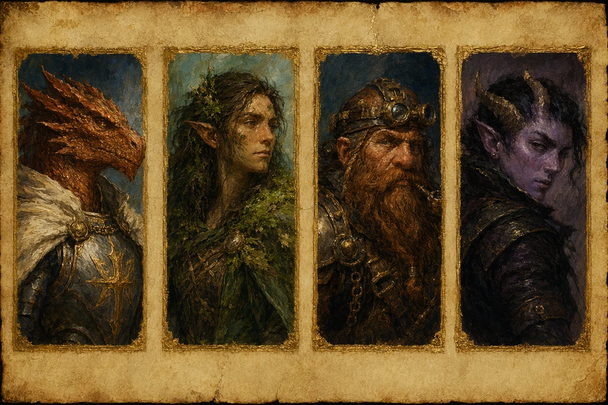 A row of four diverse fantasy character portraits on aged parchment, a copper-skinned dragonborn paladin, a moss-cloaked elven druid, a goggled dwarf artificer, and a violet-skinned tiefling rogue, each rendered as oil-painted bust portraits with gold leaf borders
