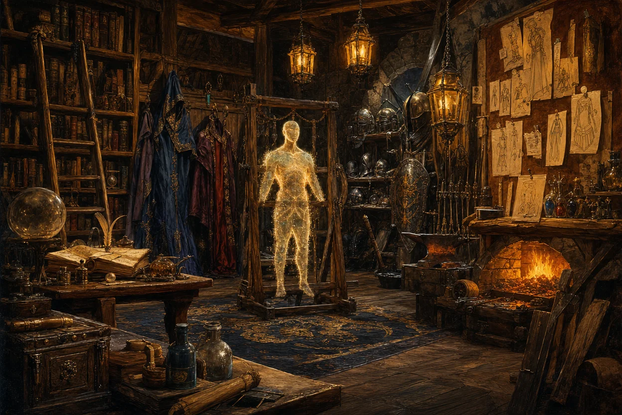 A magical character-builder workshop interior, half library half forge, racks of armour pieces, robes hanging on pegs, a glowing mannequin on a wooden frame in the centre, scrolls and recipes pinned to a corkboard, warm amber light from hanging lanterns