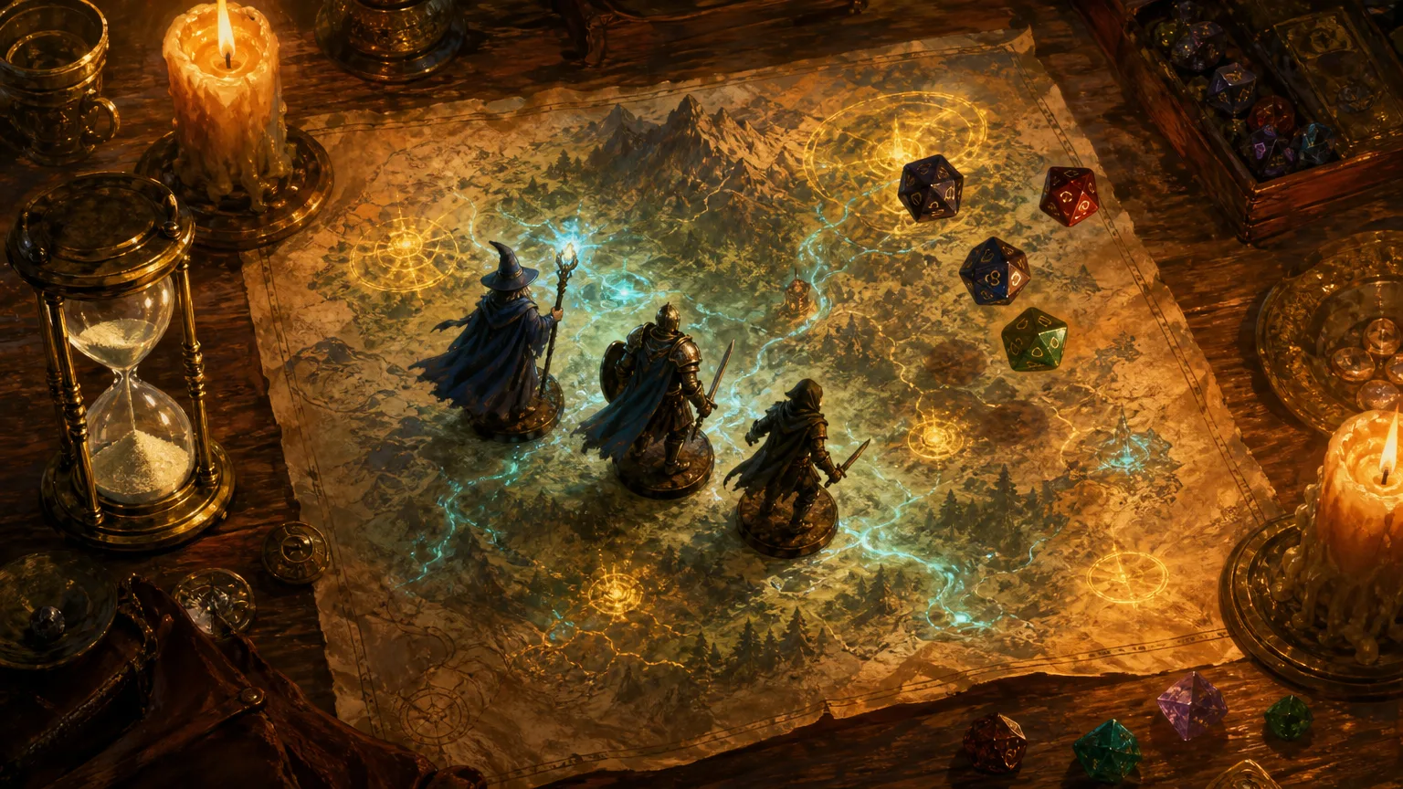 Overhead view of a D&D gaming table in 2026 with a glowing arcane map, painted miniatures of a wizard, knight and rogue, polyhedral dice and a brass hourglass in warm candlelight