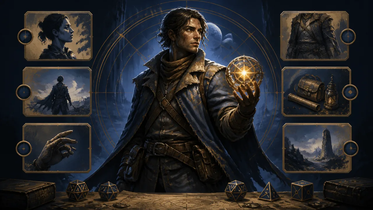 A Cypher character builder beside a fantasy portrait, printable sheet and matching transparent token for a tabletop campaign