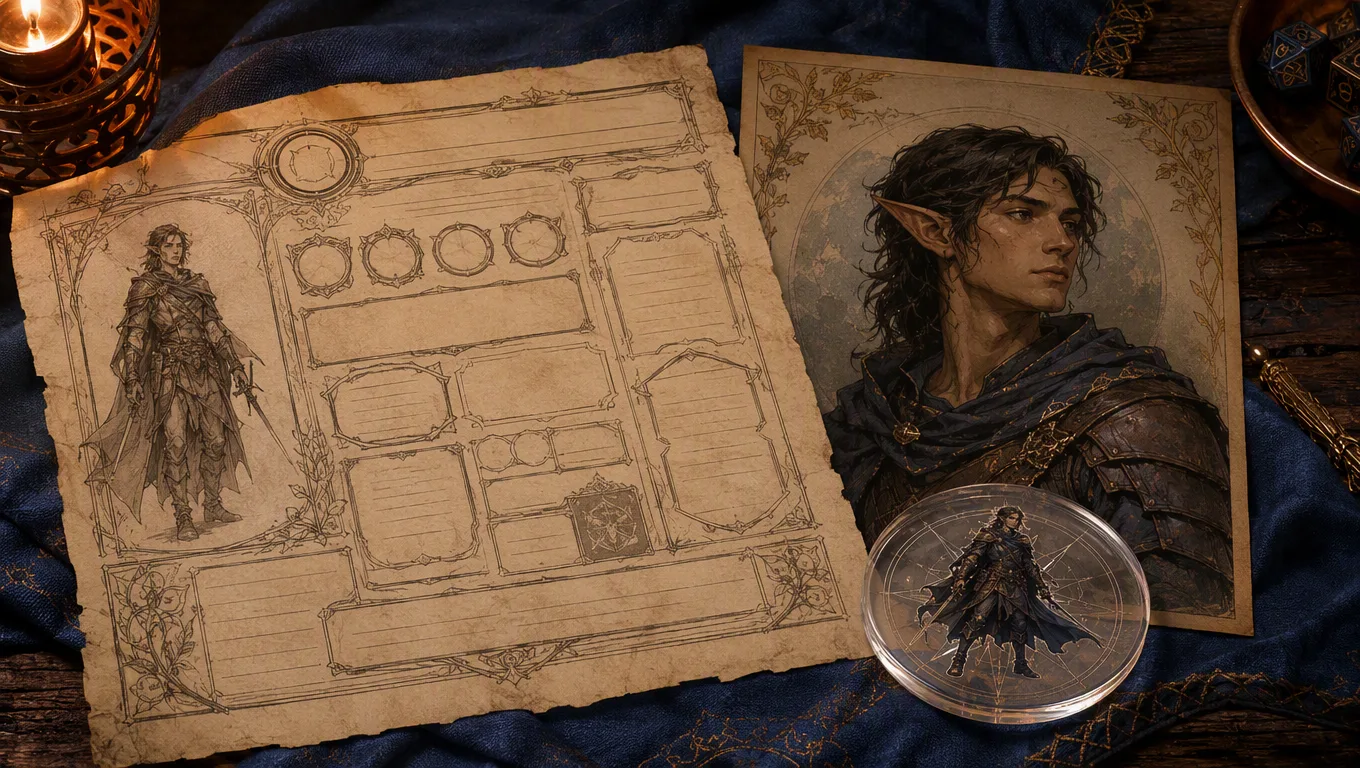 An illustrated rules-to-art-to-token workflow showing a character builder, a fantasy portrait and a transparent VTT token on a grid
