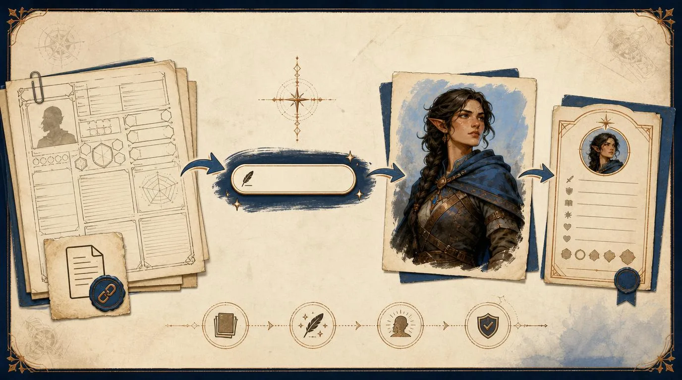 The CharGen character landing page moves from a wall of fantasy faces to a prompt bar and a D&D sheet handoff