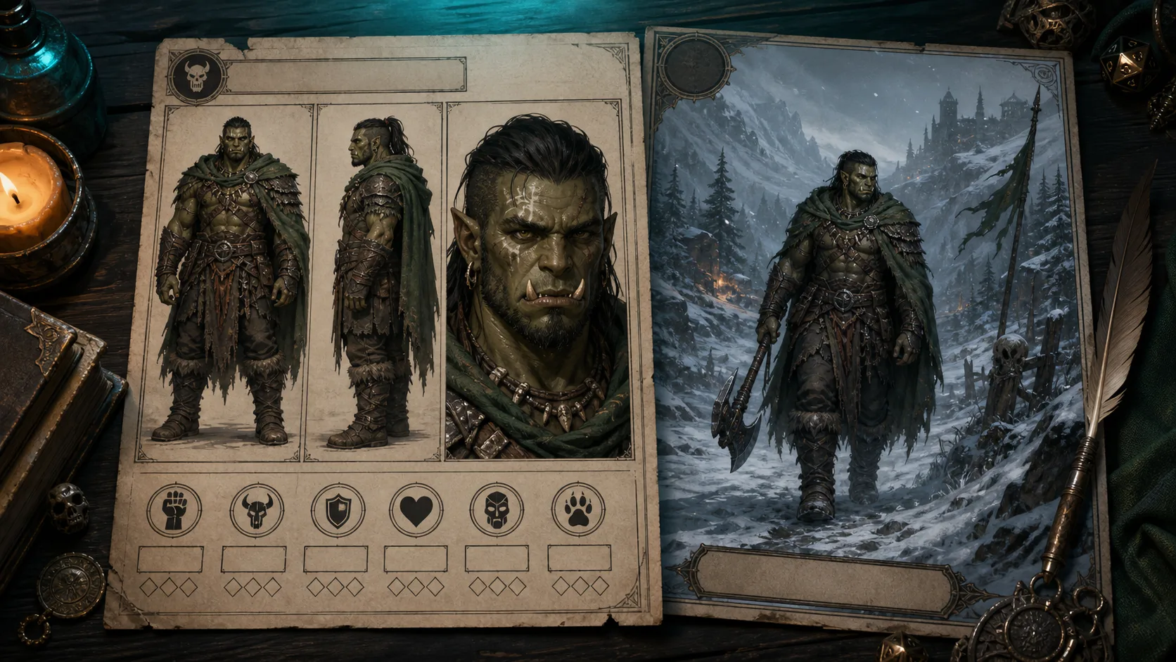 A Character Reference card shows one D&D hero's front view, profile, close-up, trait spec, and saved identity images