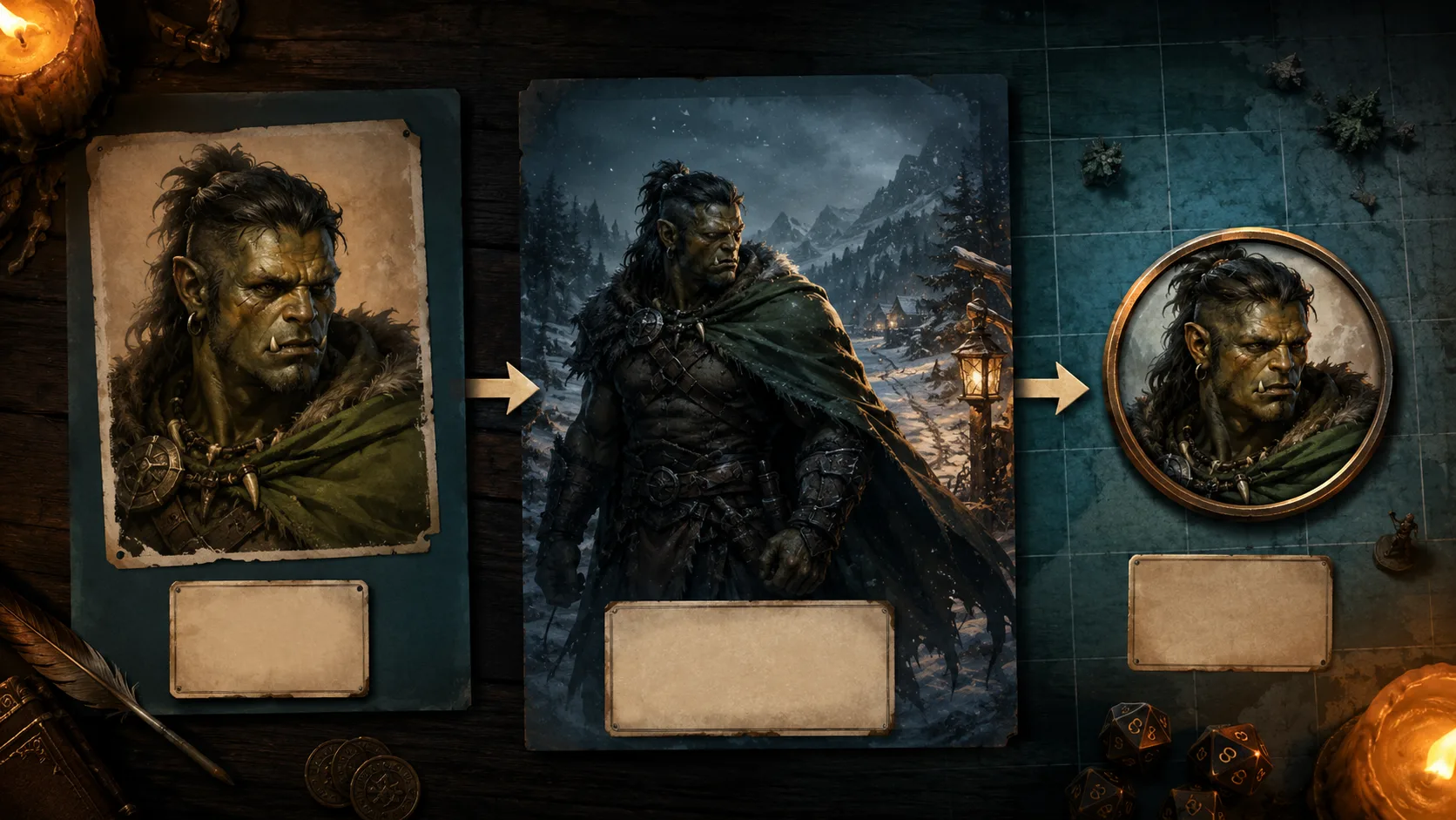 A D&D character consistency workflow moves from a saved reference card to a new scene, an approved portrait, and a transparent VTT token