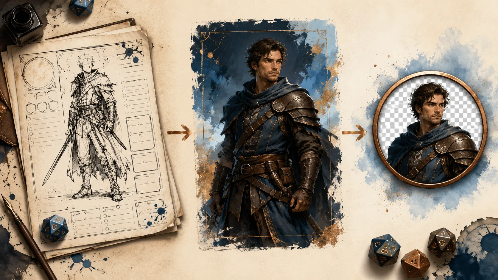 A D&D character sheet, a generated portrait, and a transparent token show the current character creator handoff