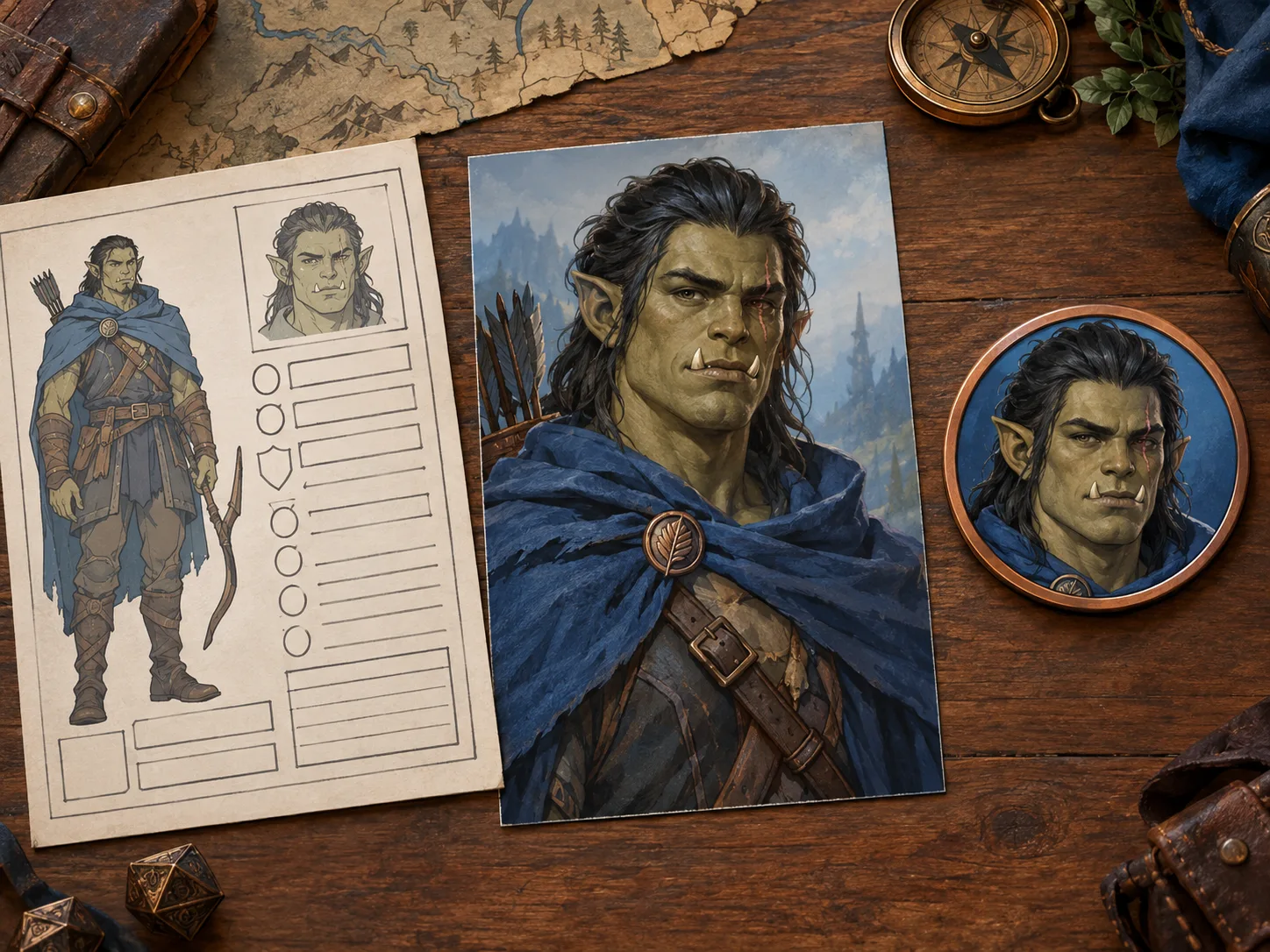A D&D character sheet, portrait and matching VTT token show a text-first character creator workflow