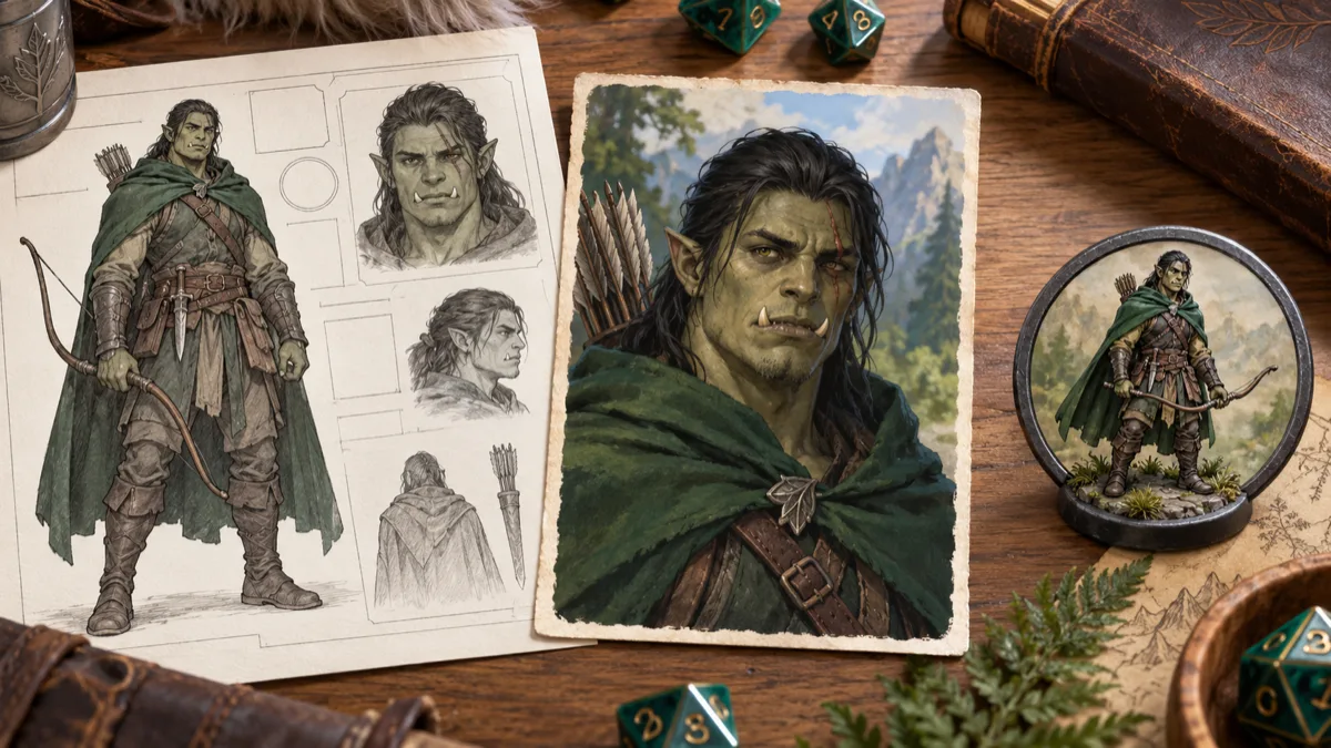 A D&D character creator workflow from a rules sheet to a matching portrait and VTT token