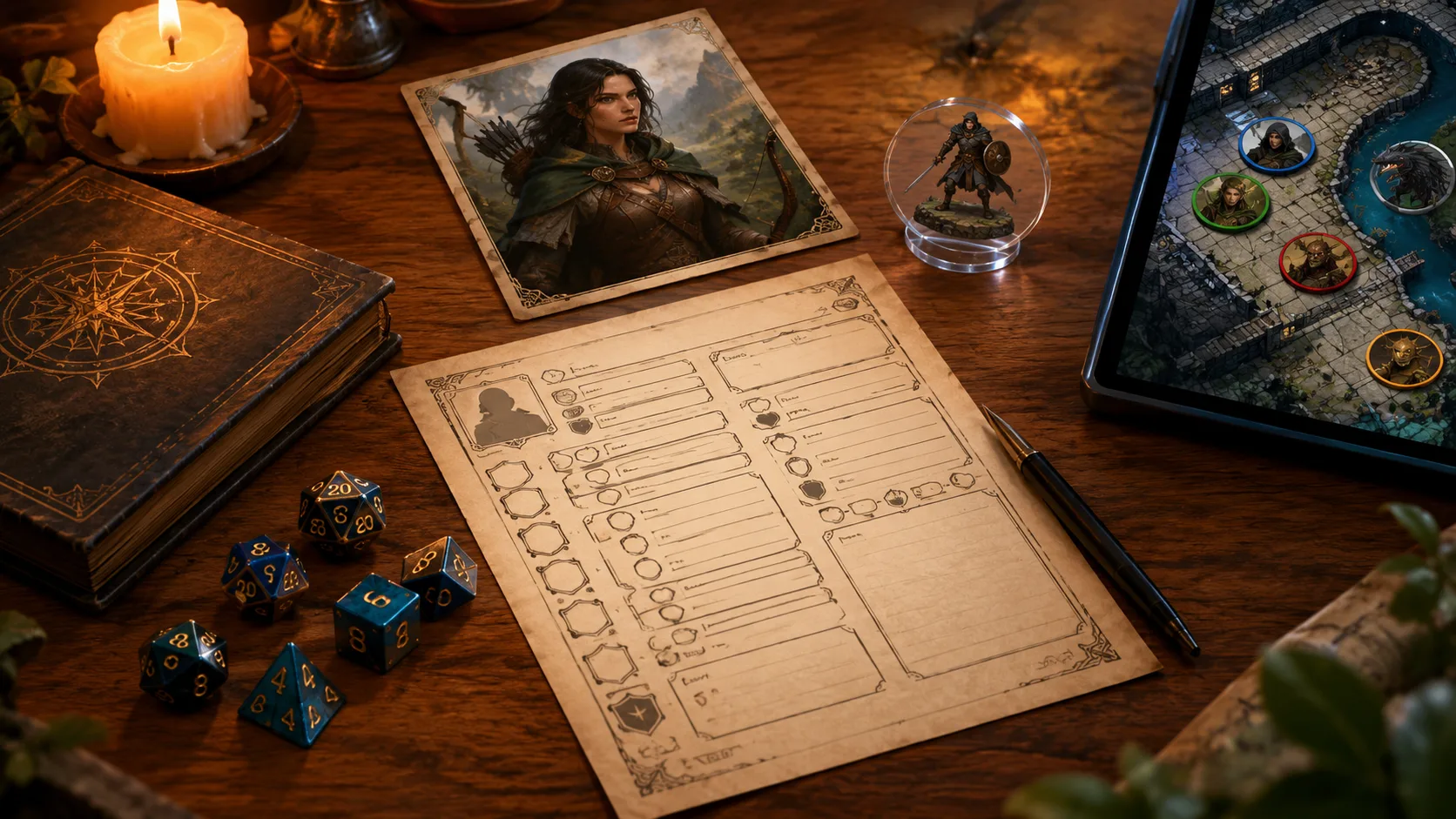 A free D&D character builder comparison shows an official sheet, a quick browser build, a fantasy portrait and a transparent VTT token