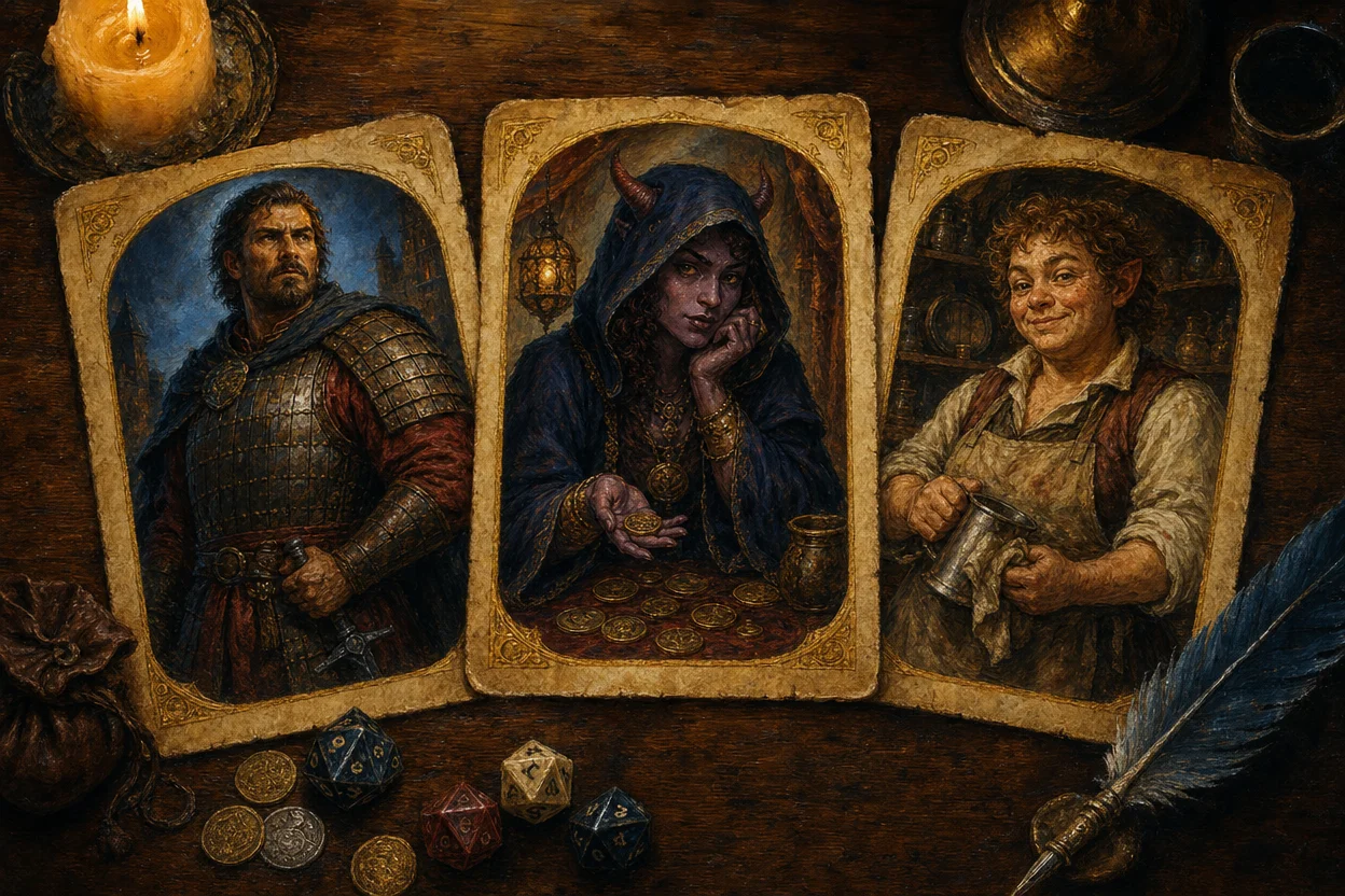 Three NPC portrait cards arranged on a tavern table, a stern human guard captain, a hooded tiefling fortune-teller, and a freckled halfling barkeep, each framed in gold leaf with dice beside them
