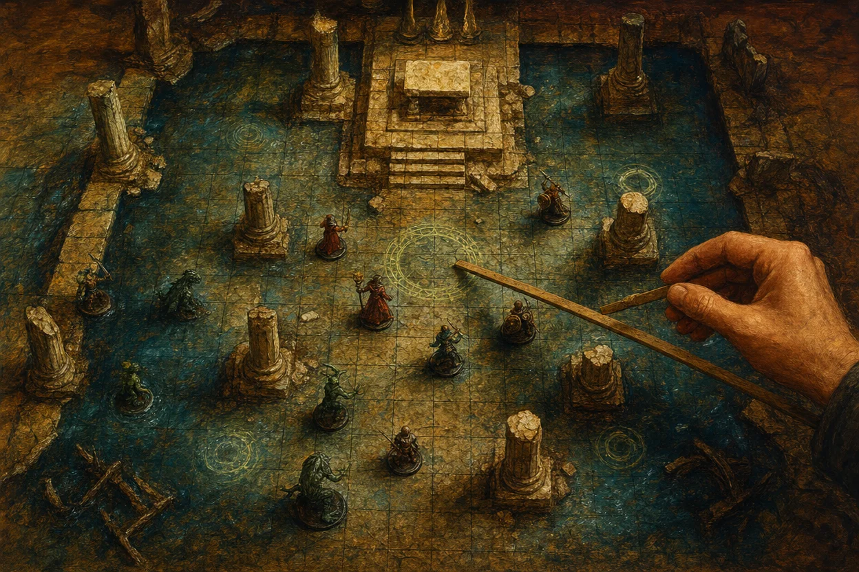 A flat-laid tactical battlemap from above showing a flooded ruined temple with broken columns, an altar on a raised dais, glowing rune circles on the stone floor, and painted miniatures placed on the grid