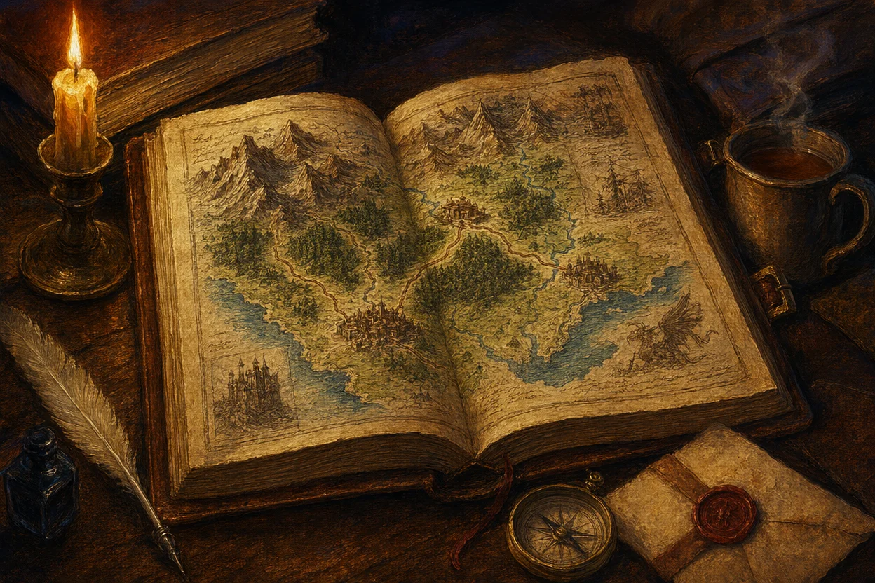 An open leather-bound worldbuilding tome on a candlelit desk showing a hand-drawn regional map with mountain ranges, forests, and three settlements connected by trade roads, with marginal notes in ink and a brass compass