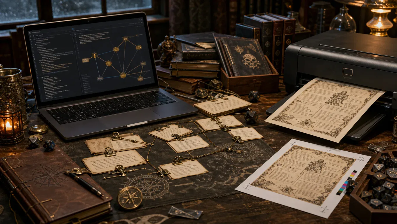 CharGen campaign export artwork showing linked notes, character records, a campaign graph, and printed table handouts