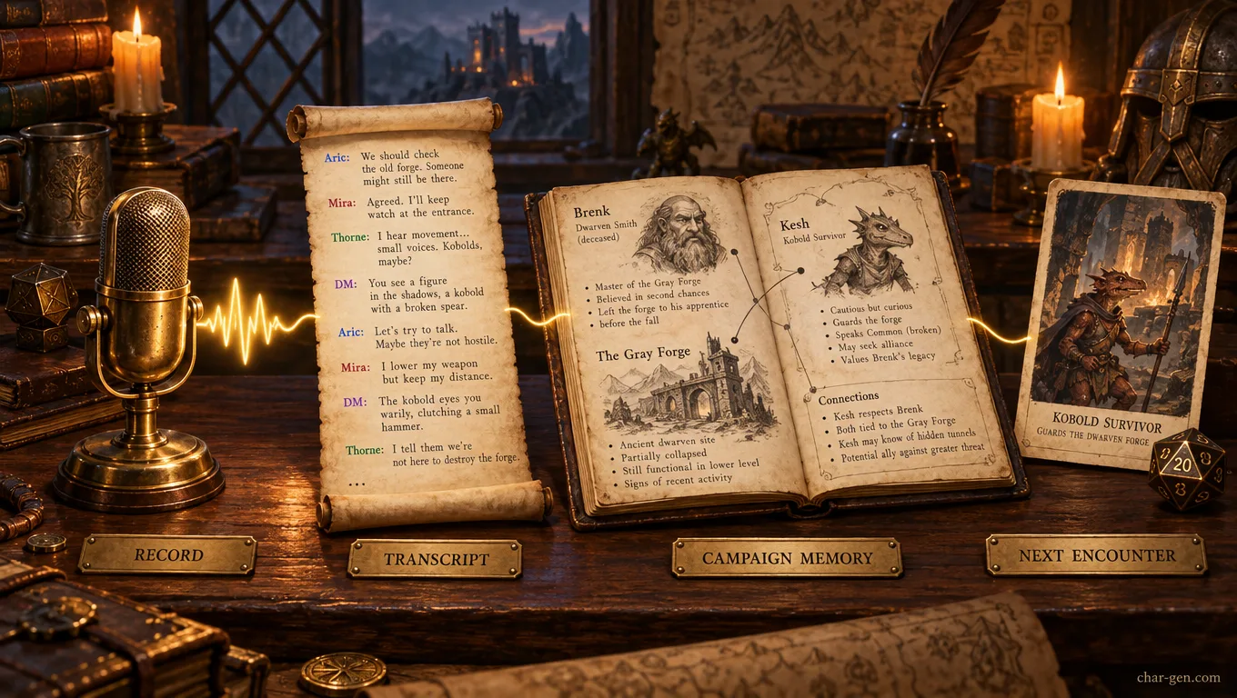 Campaign memory feeding encounter prep: a recorded Discord session becomes a transcript with speaker labels, then linked campaign notes, then a ready encounter card for the next session