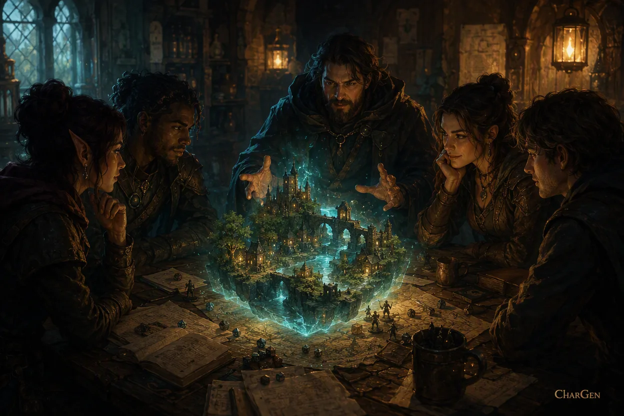 Five adventurers around a candlelit table watching a glowing miniature city float above maps, dice, and miniatures