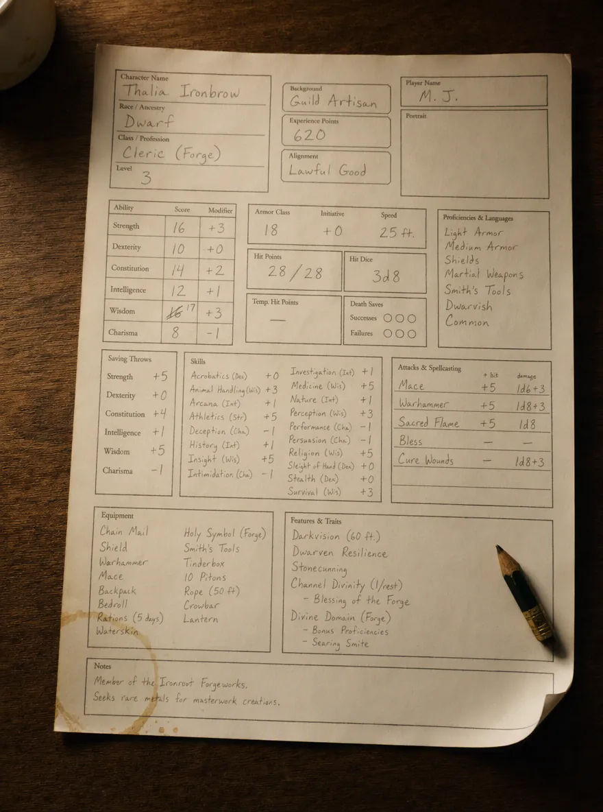 A handwritten character sheet for a dwarf forge cleric, on a table under a lamp