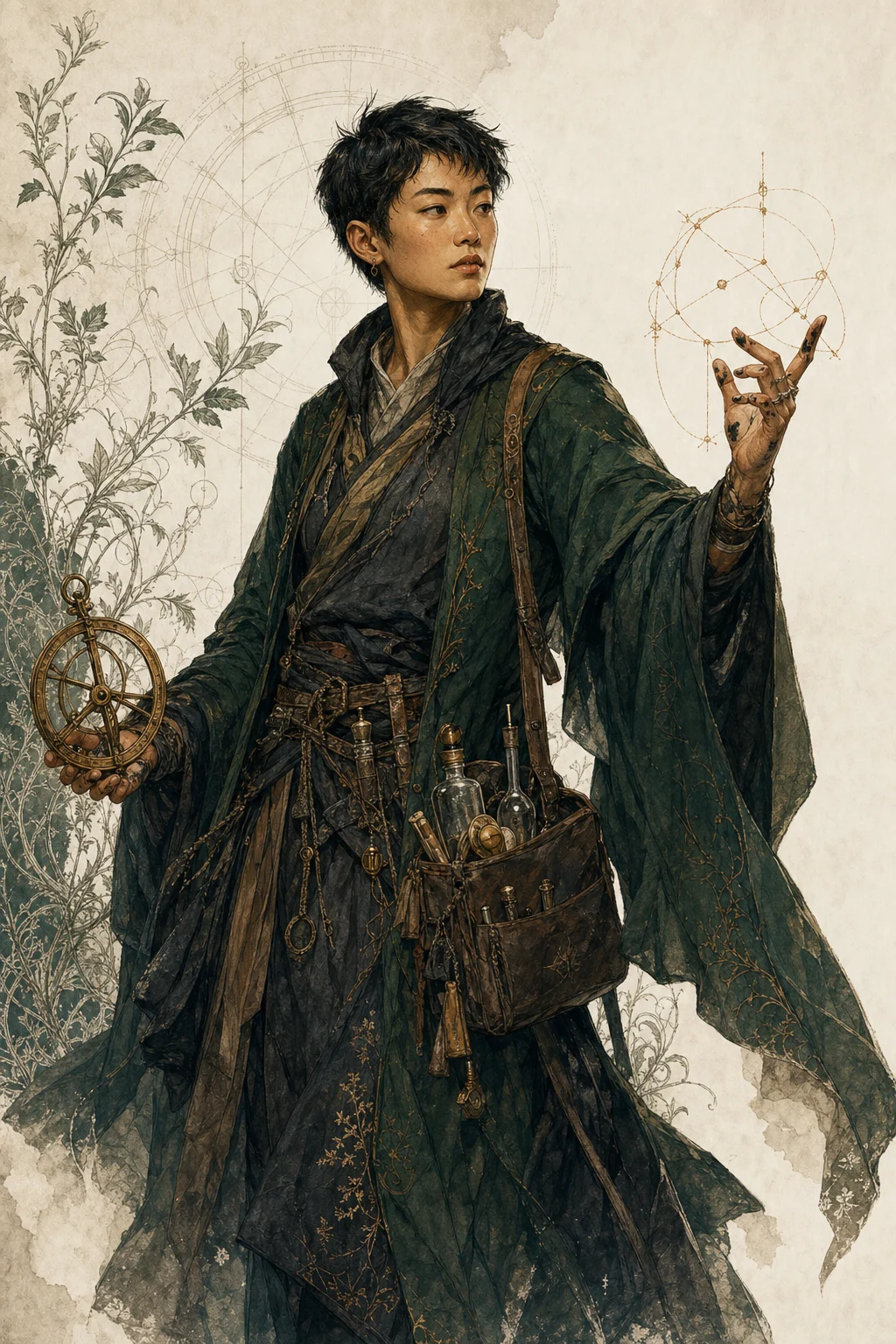 An Adept holding a brass instrument and tracing an arcane working