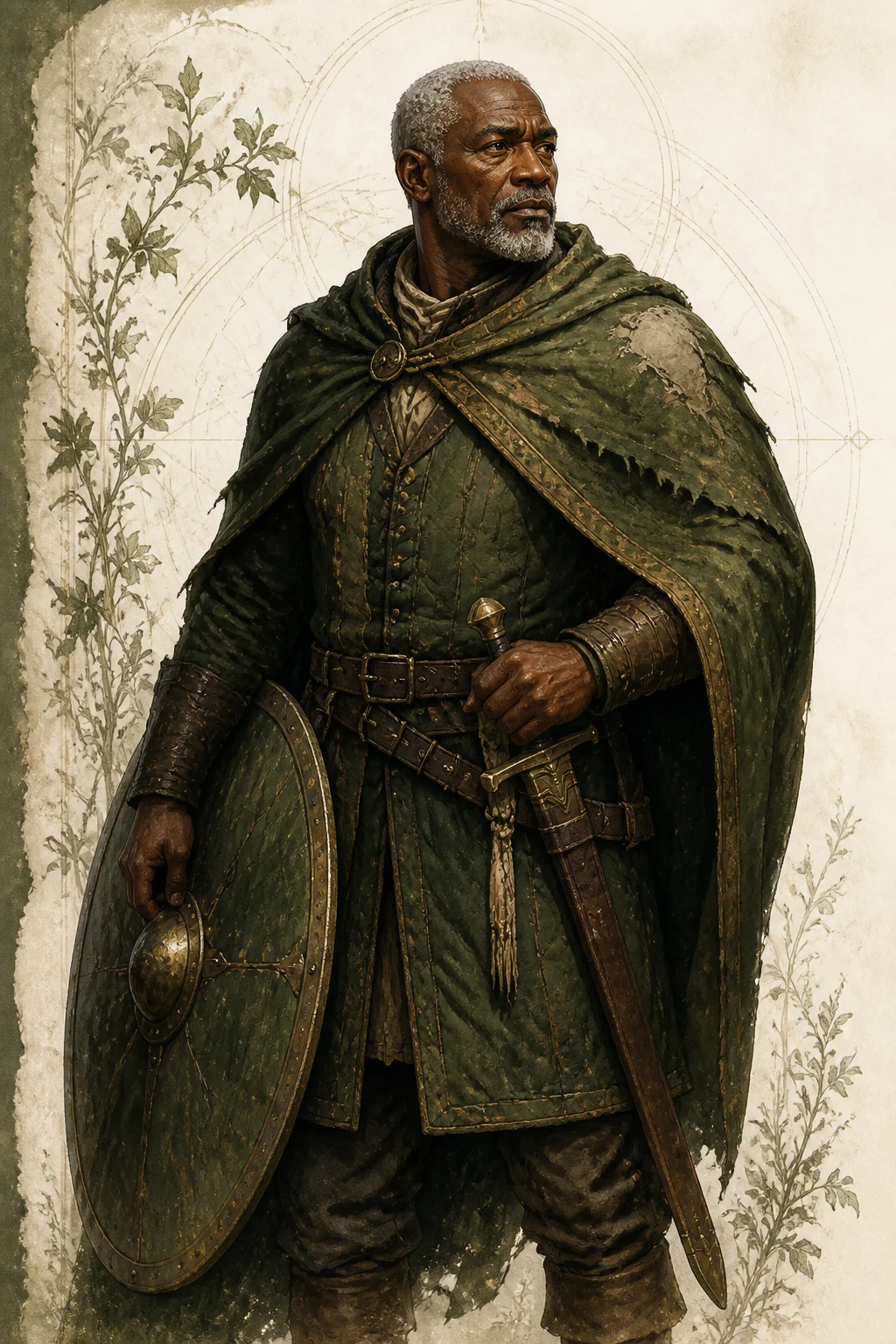 An older shield-bearing Warrior in weathered green armour