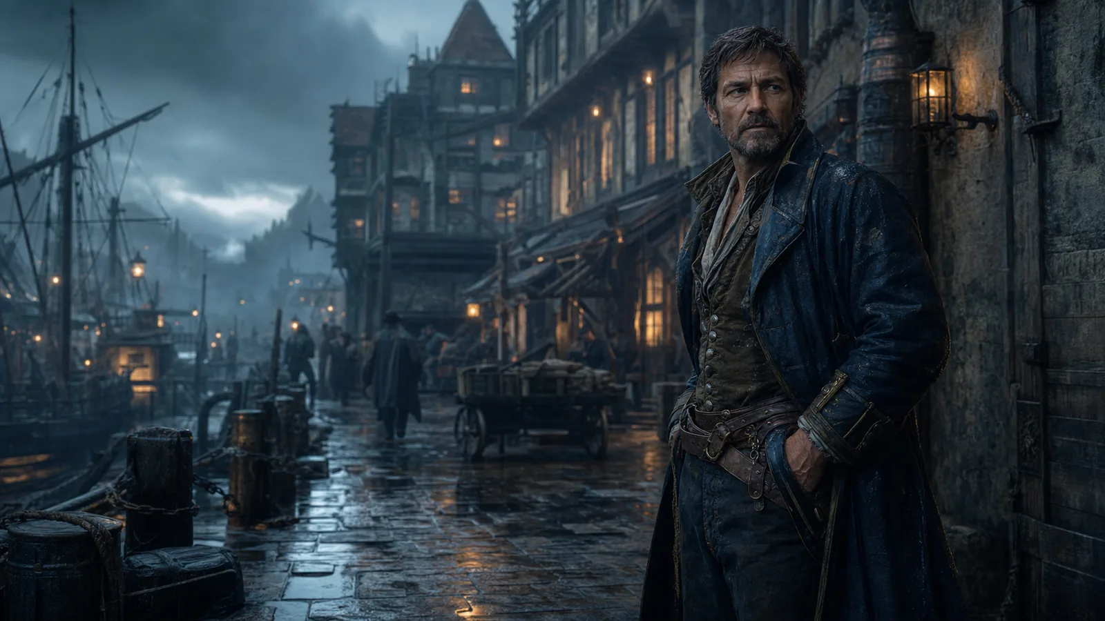 A weathered harbour master standing in a rain-darkened fantasy port