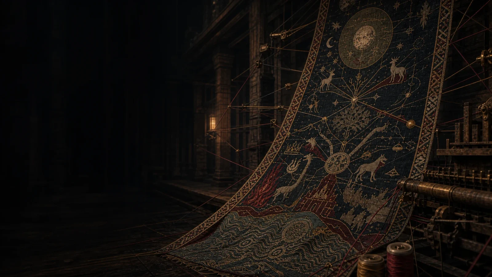 A woven celestial map of gods, domains and myths in a dark fantasy archive