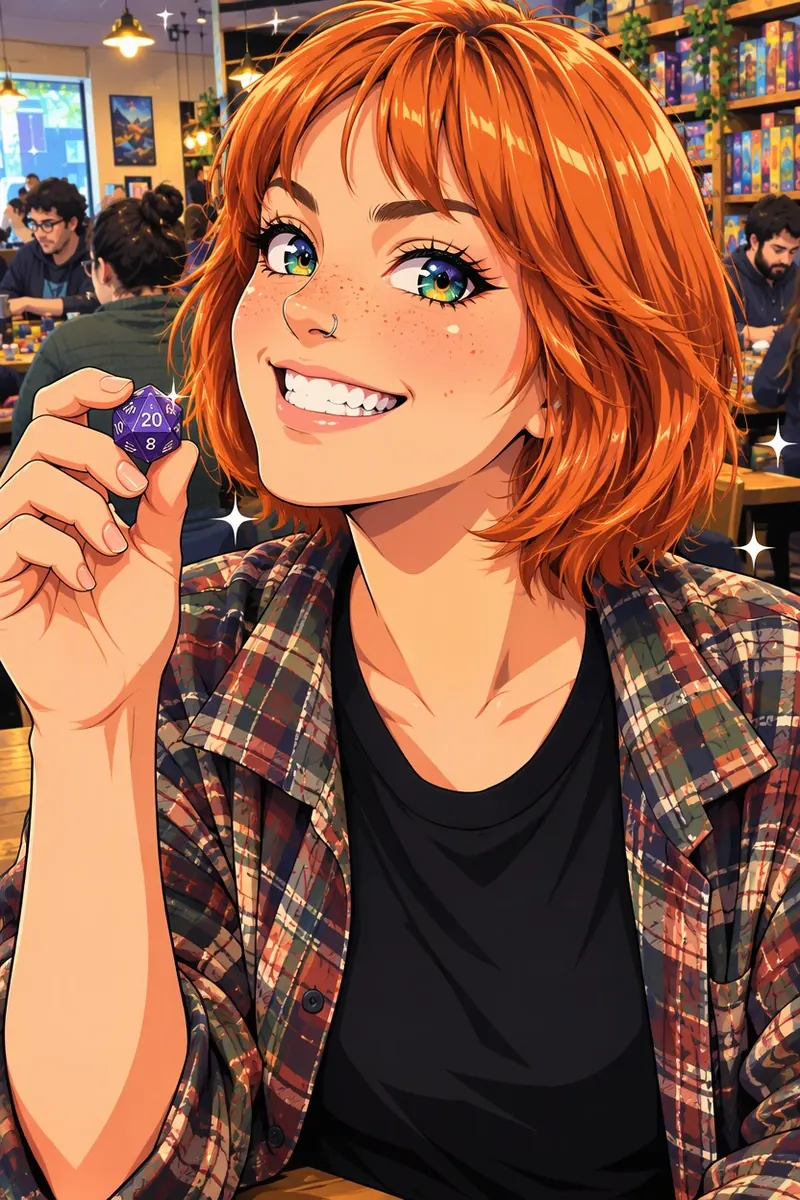Anime portrait of a player at a board game cafe