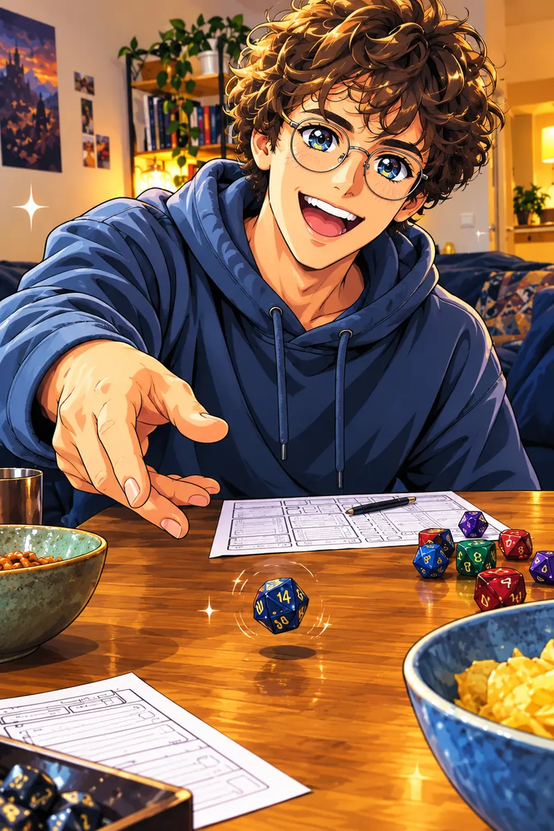 Anime portrait of a player rolling dice at game night
