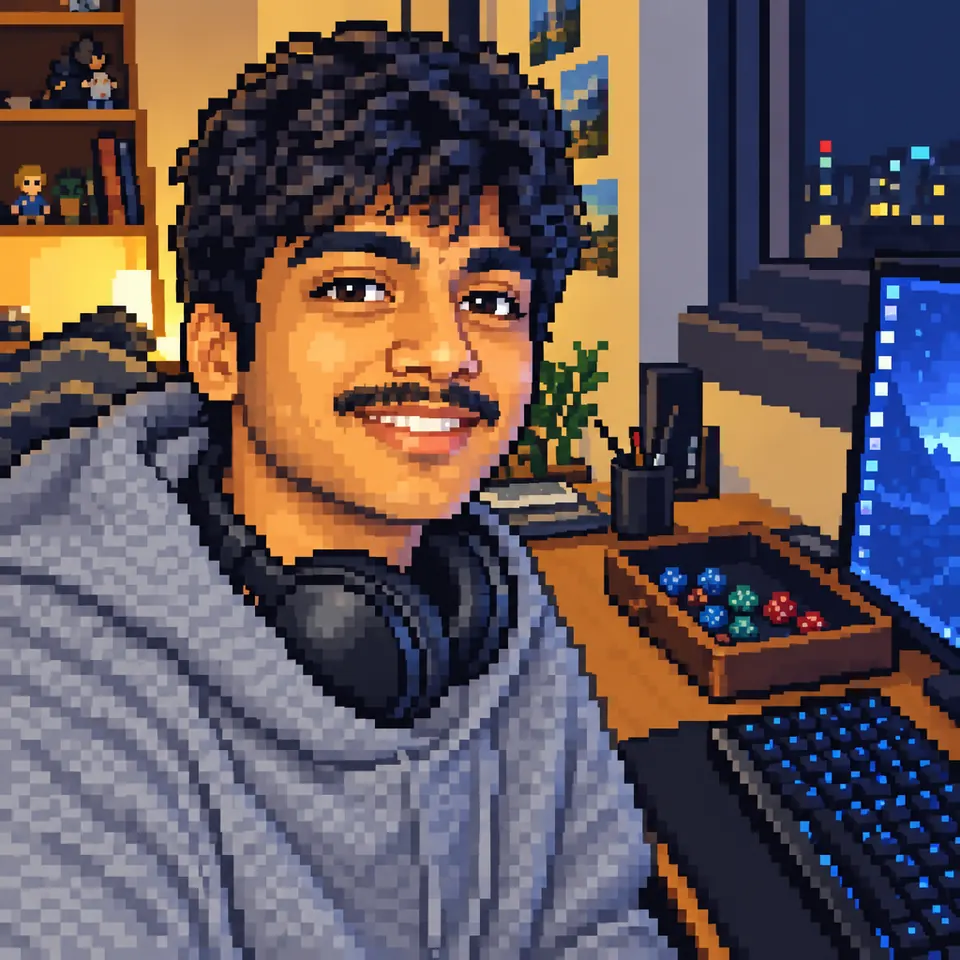 A photo of a player at his gaming desk changed into pixel art