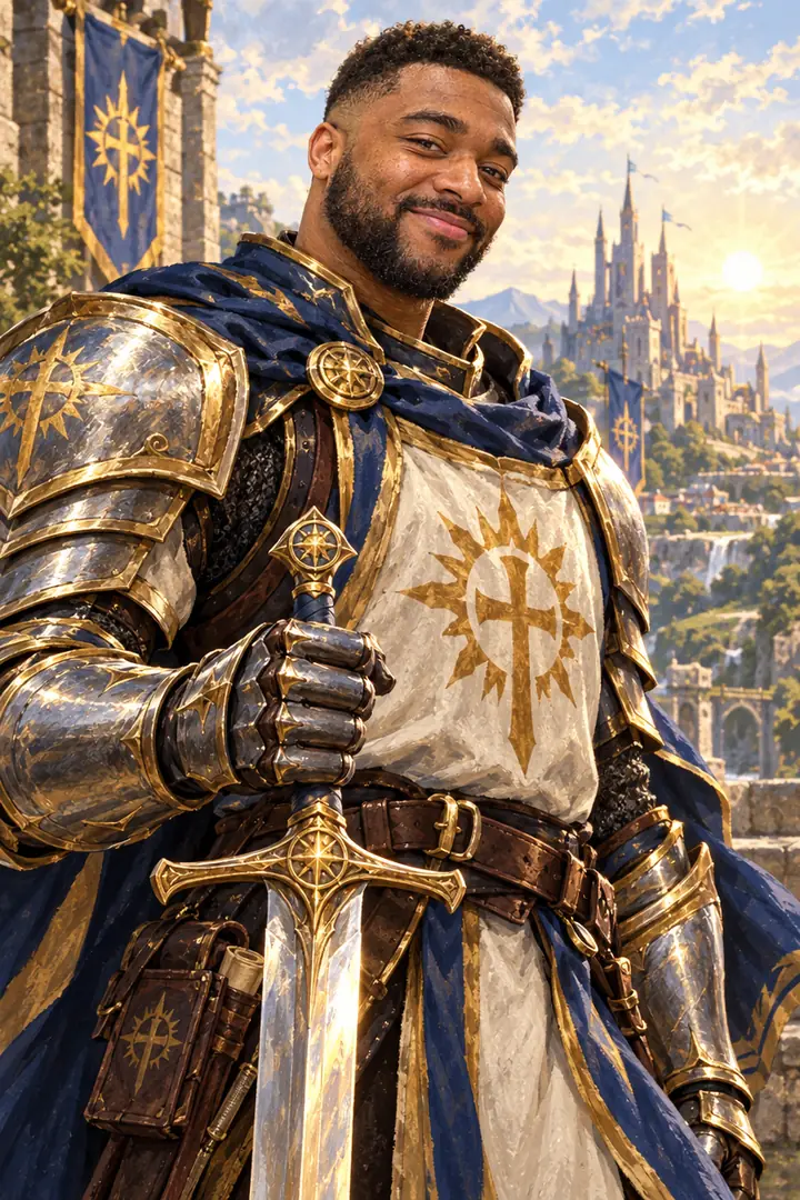 A photo of a player in a game shop turned into a D&D paladin portrait