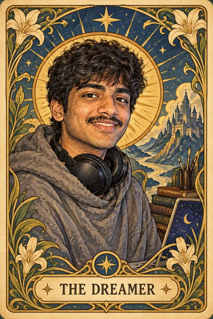 A photo of a player at his gaming desk turned into a tarot card called The Dreamer