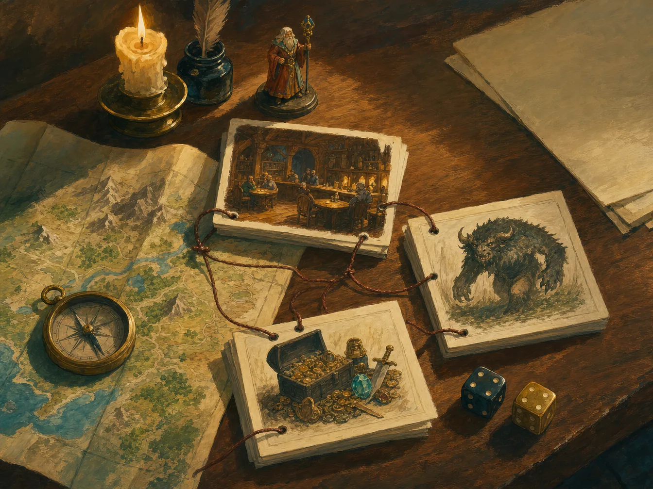 A cartographer's desk with linked NPC, tavern, monster, and loot cards corded together with map and compass