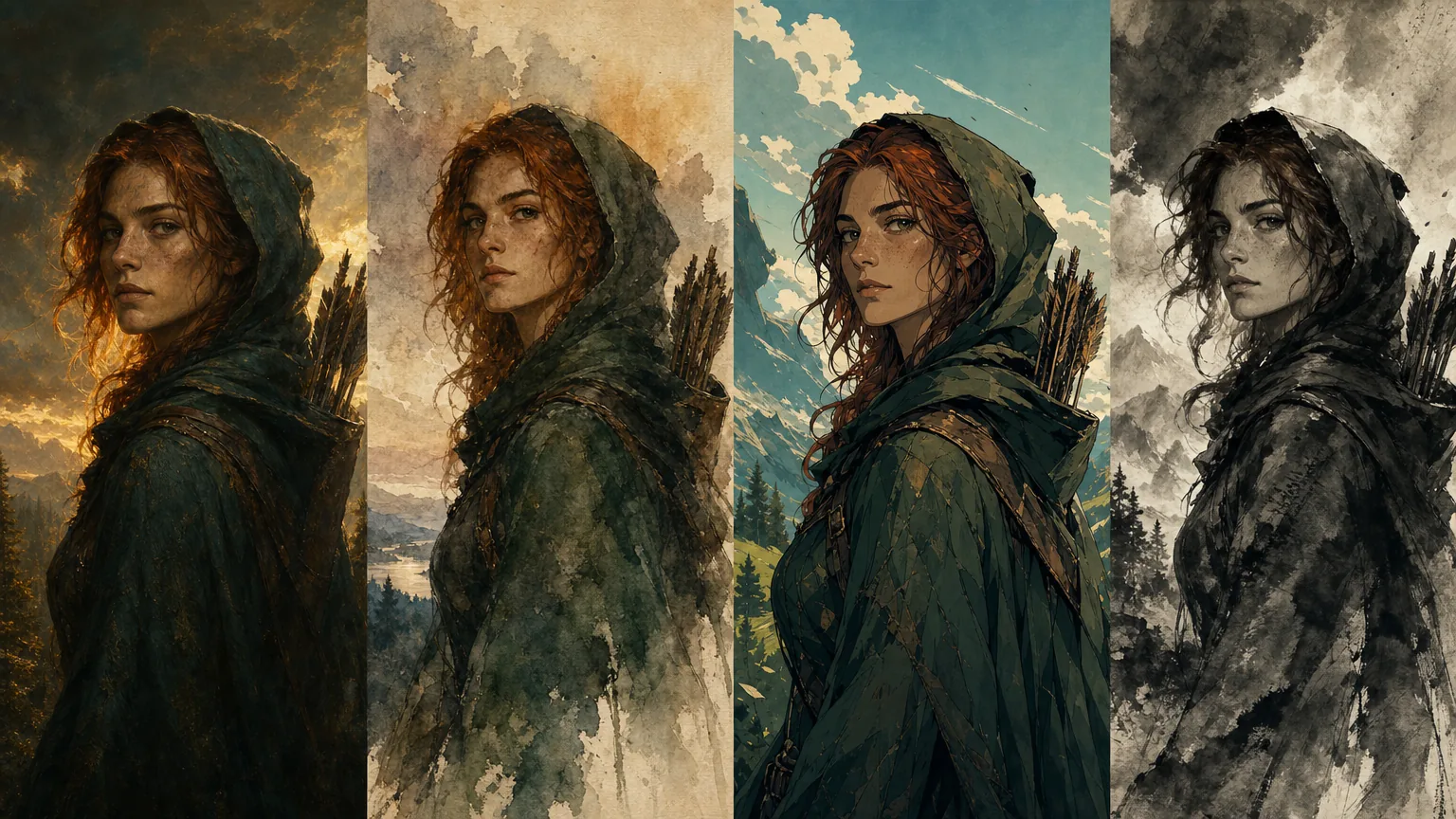 The same hooded ranger portrait rendered in four art styles: oil paint, watercolour, anime, and ink wash