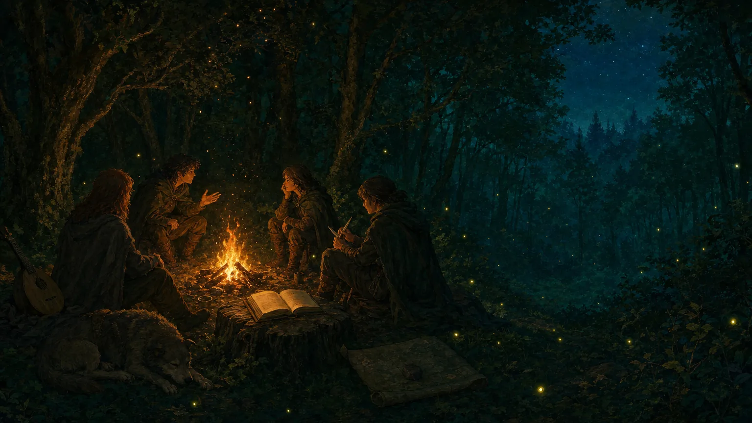 Four cloaked figures around a forest campfire at night with fireflies and an open journal