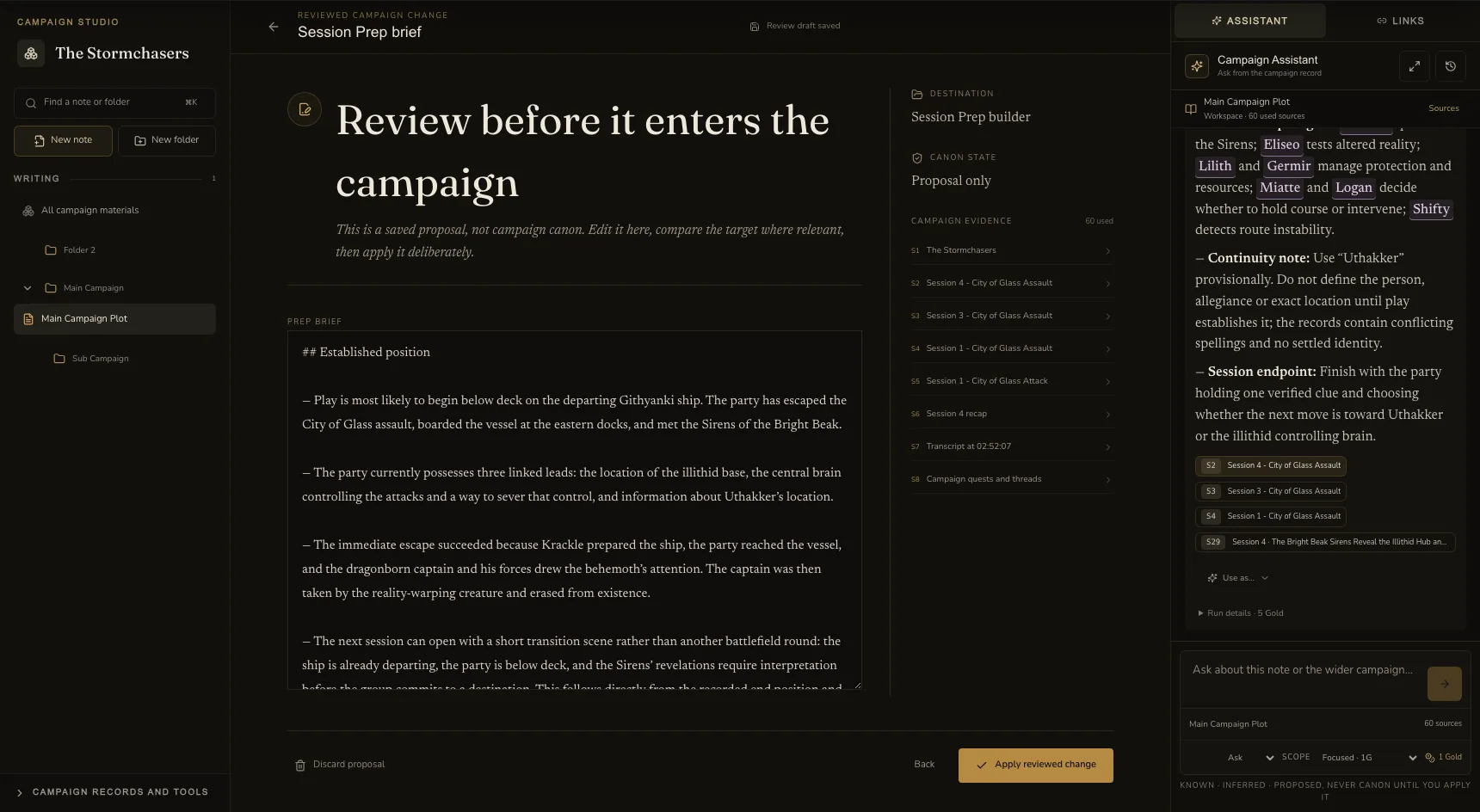 Campaign Studio review screen with a proposed brief, evidence, and the approval action