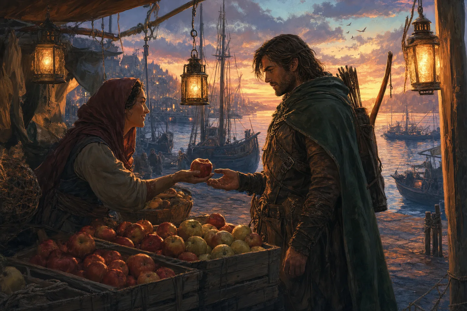 The prompt without a reference: a male ranger buys apples at a harbour market at dusk