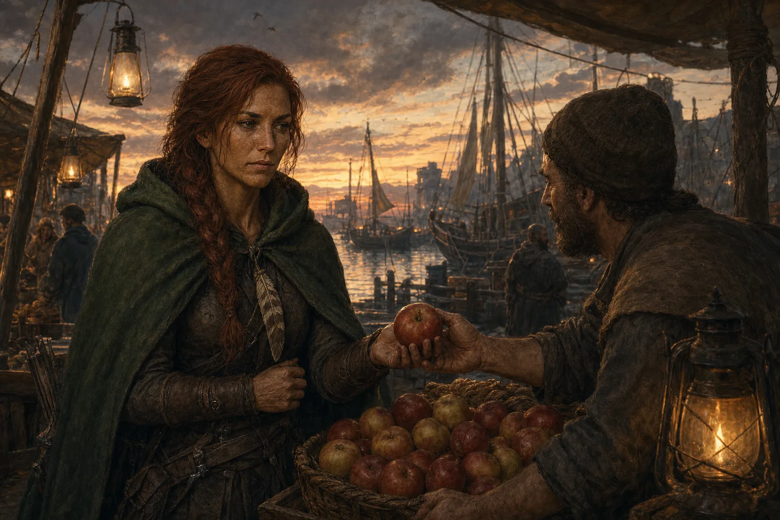The same prompt with Maren's reference: Maren buys apples at a harbour market at dusk