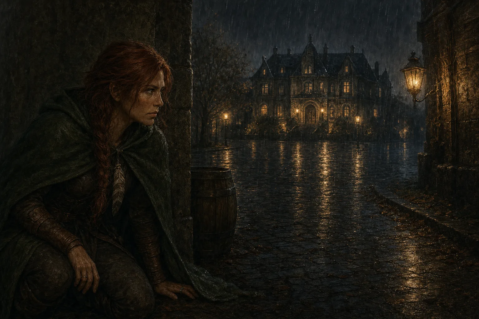 Shot 1, wide: Maren crouches in a wet alley at night and watches the lit manor across the square