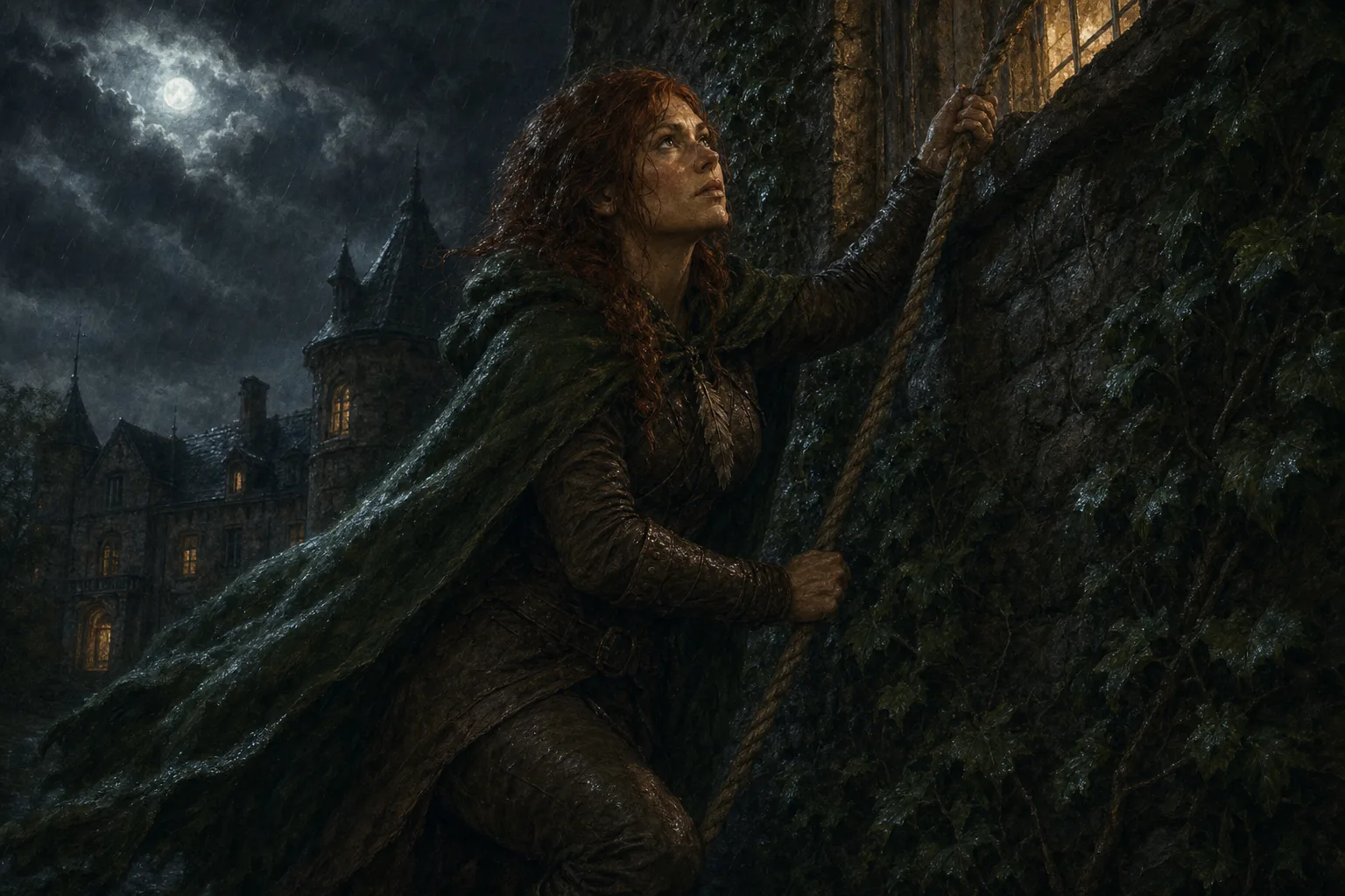 Shot 2, medium: Maren climbs an ivy wall with a rope under the moon